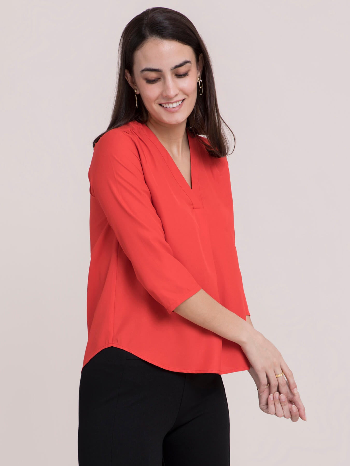 V Neck Pleated Top - Coral