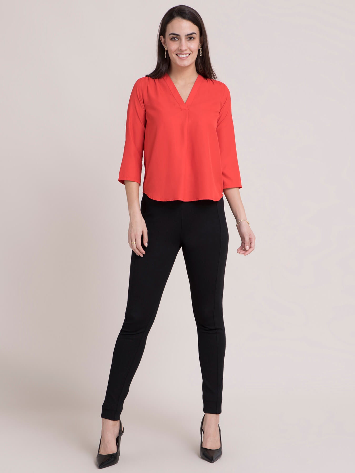 V Neck Pleated Top - Coral