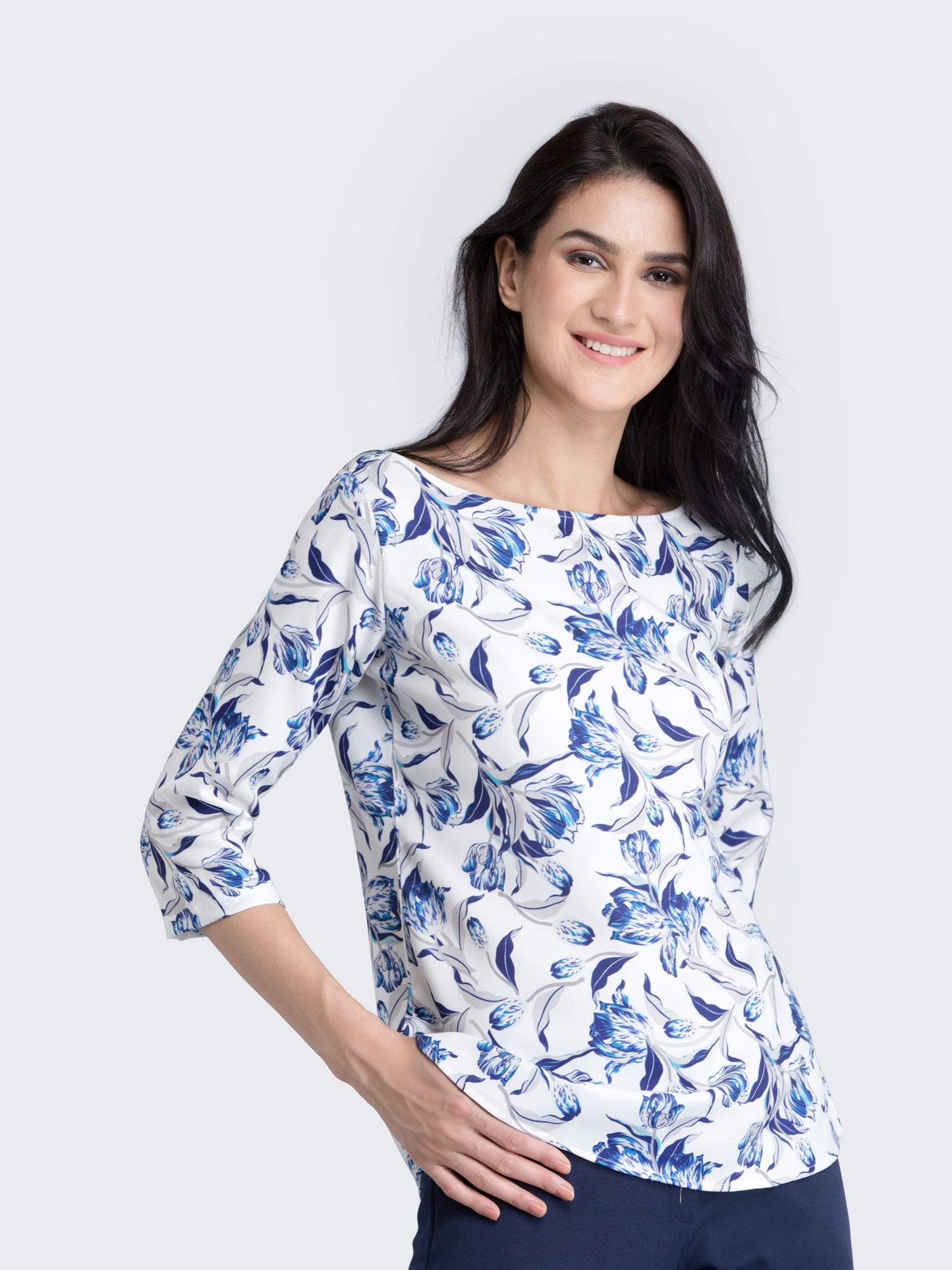 Boat Neck Floral Top - Blue