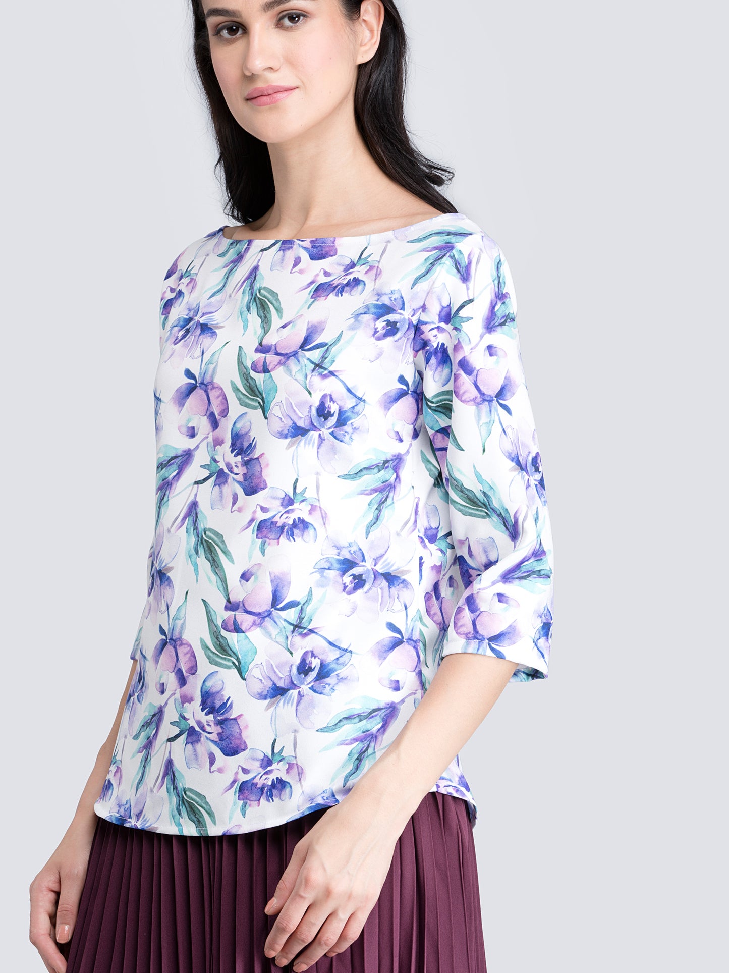 Boat Neck Floral Top - Purple