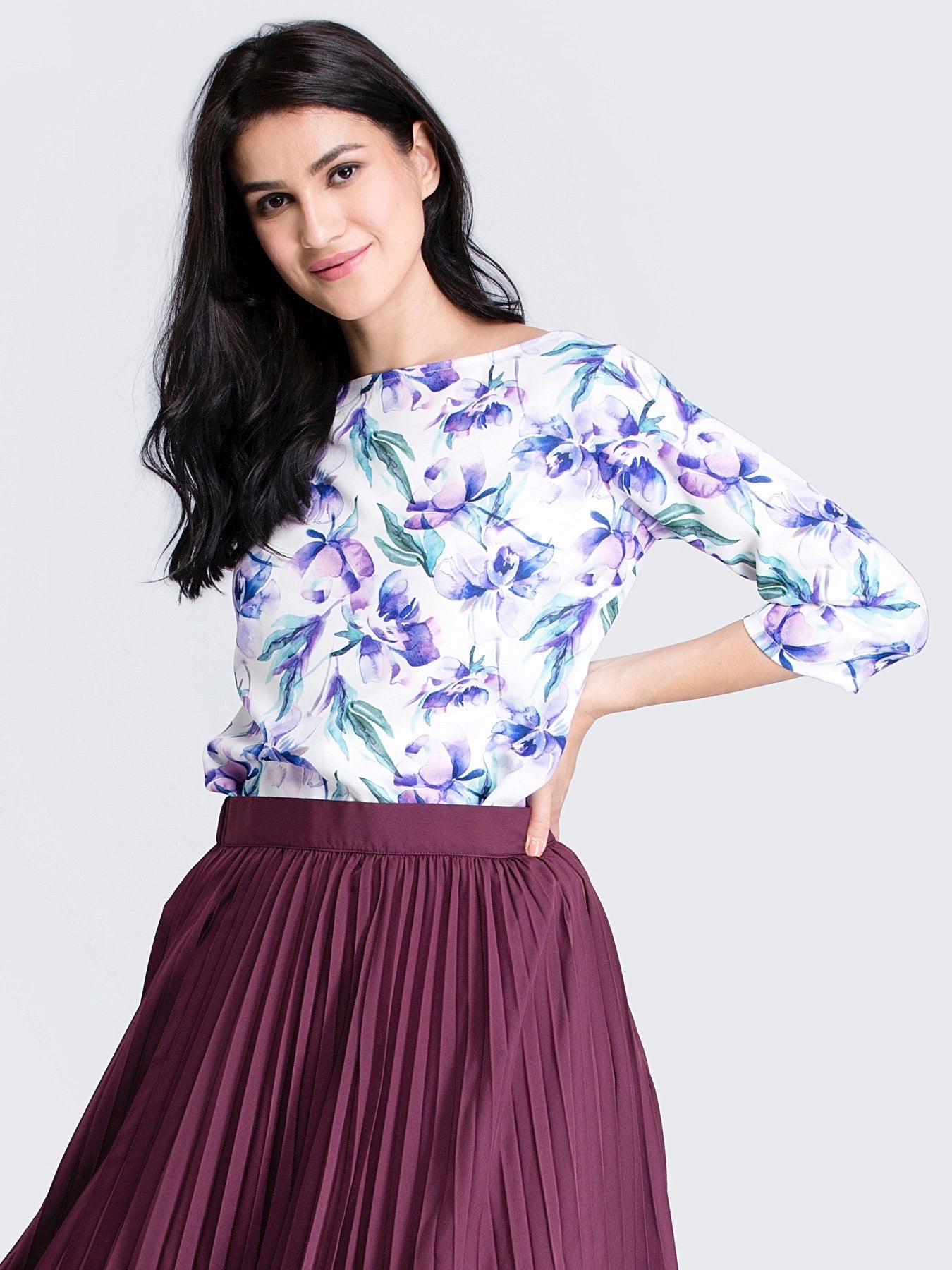 Boat Neck Floral Top - Purple