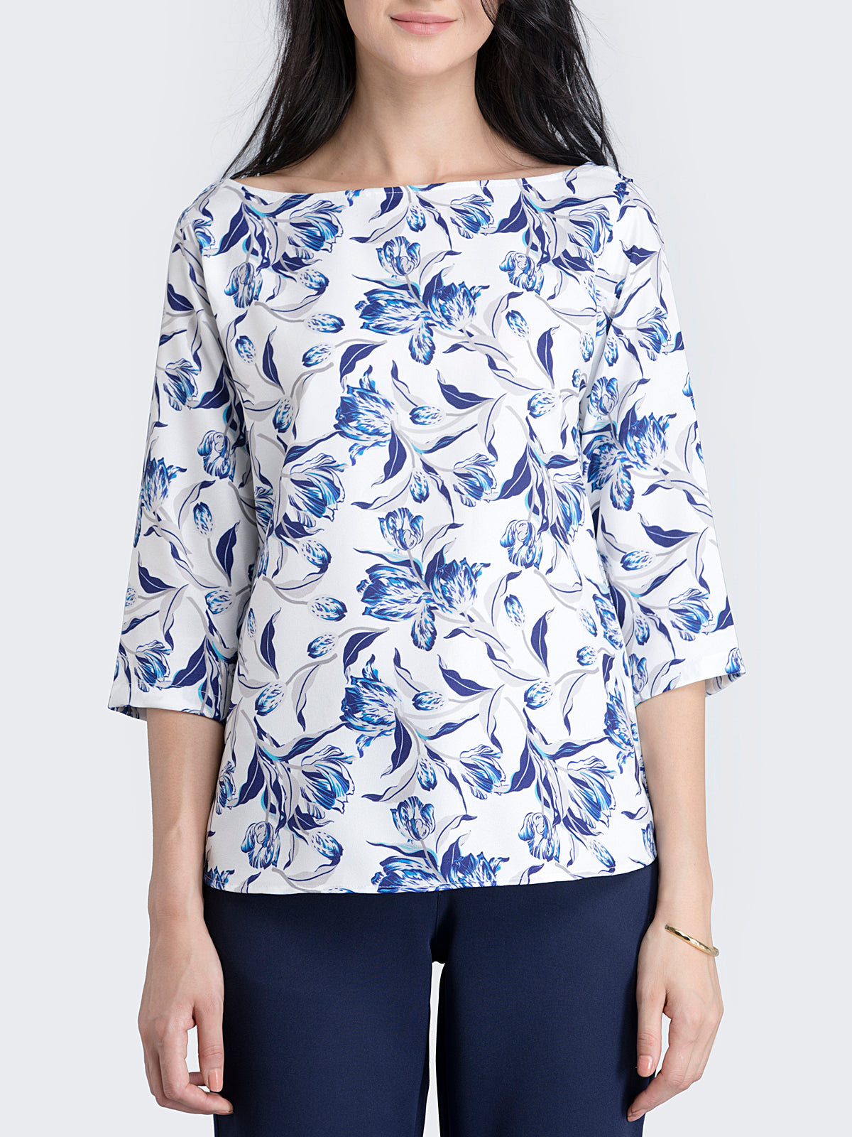 Boat Neck Floral Top - Blue