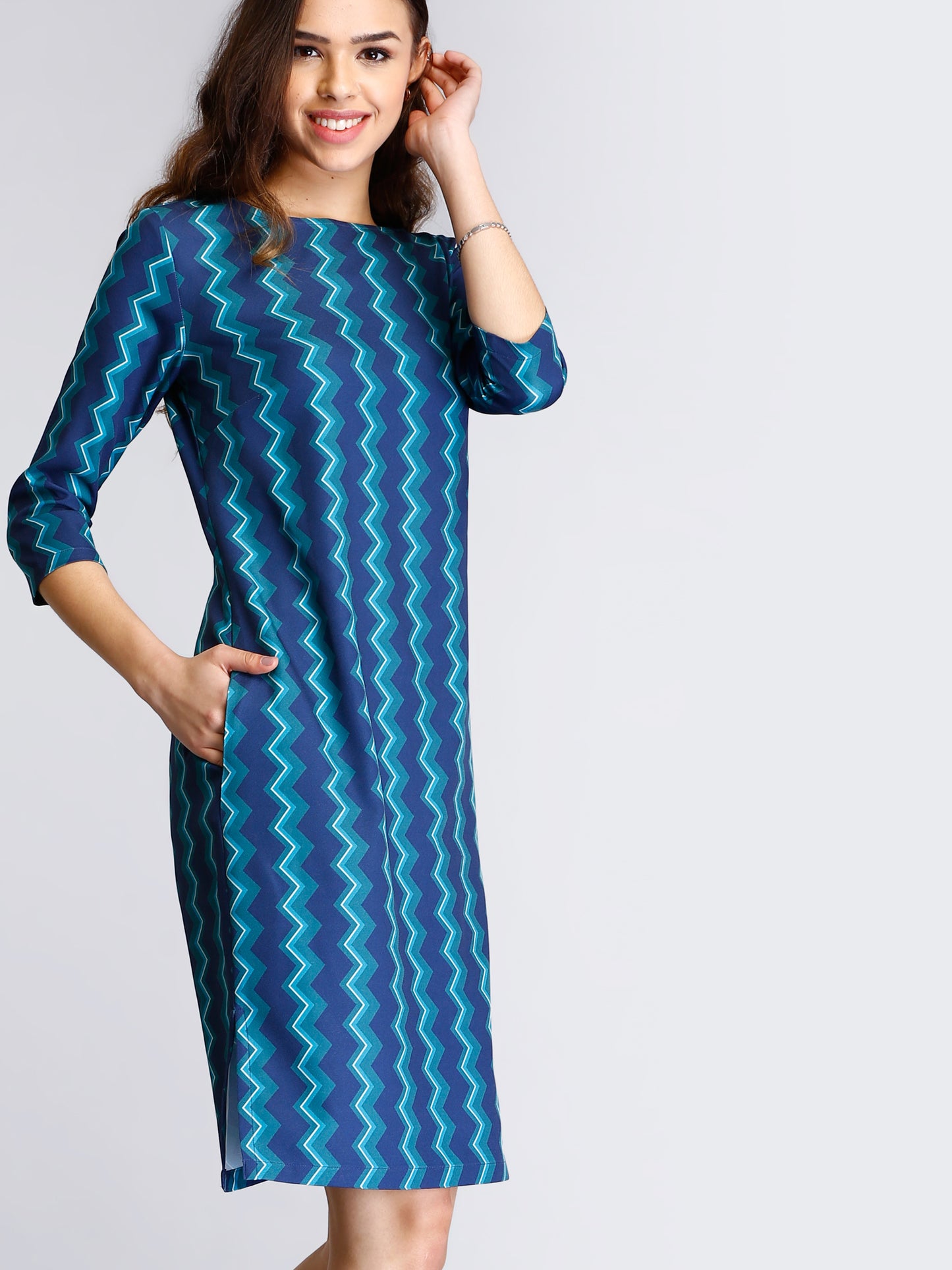 Boat Neck Geometric Print Shift Dress - Blue and Green| Formal Dresses