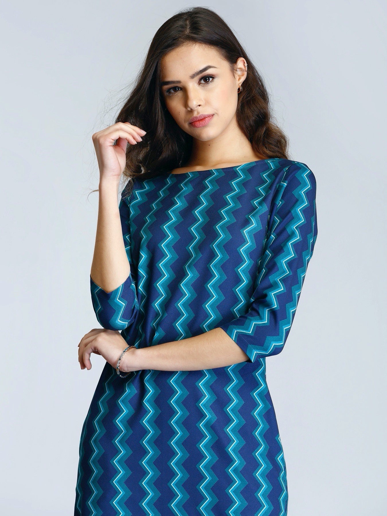 Boat Neck Geometric Print Shift Dress - Blue and Green| Formal Dresses