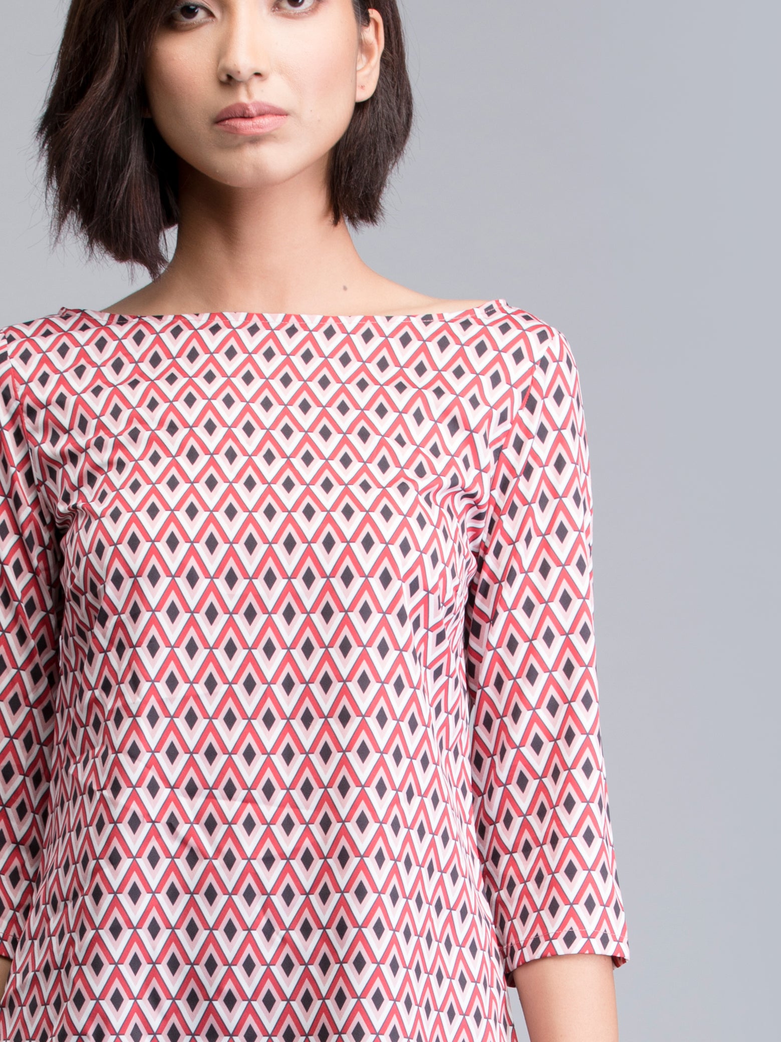 Boat Neck Geometric Print Top - Red| Formal Tops