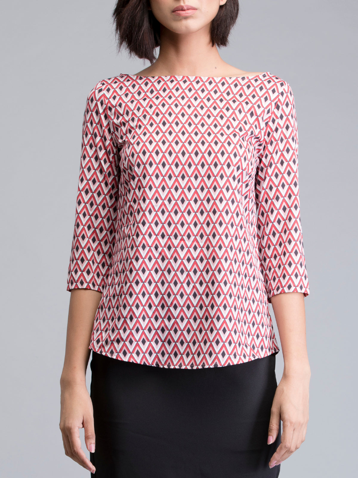 Boat Neck Geometric Print Top - Red| Formal Tops