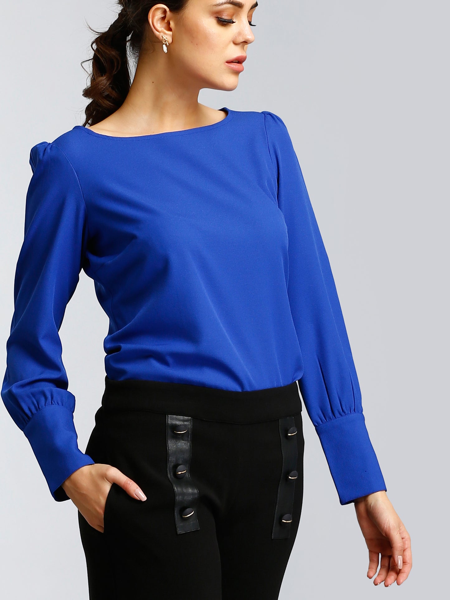 Boat Neck Top With Gather Details - Cobalt Blue