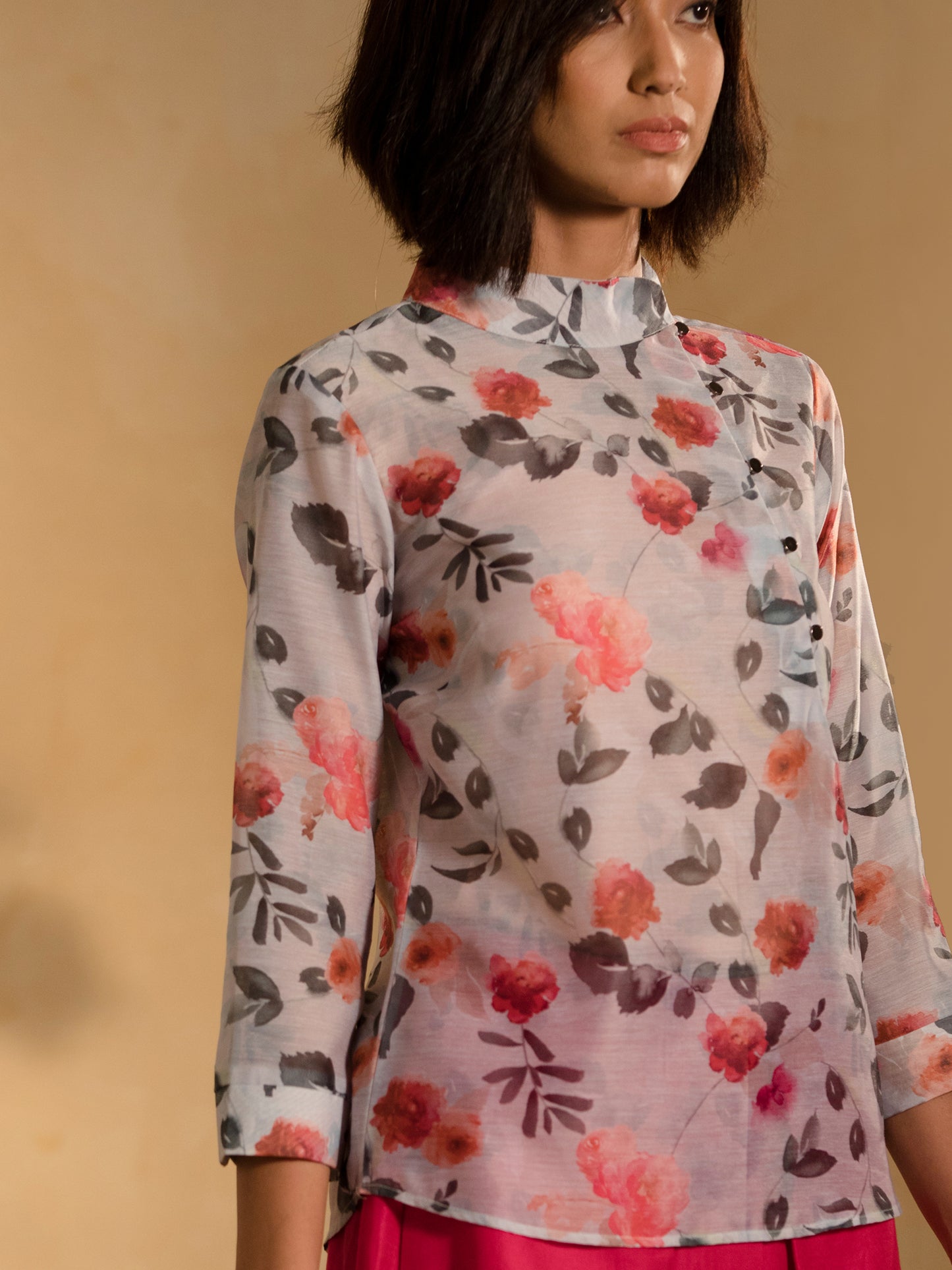 Chanderi Side Button Floral Top - Silver White