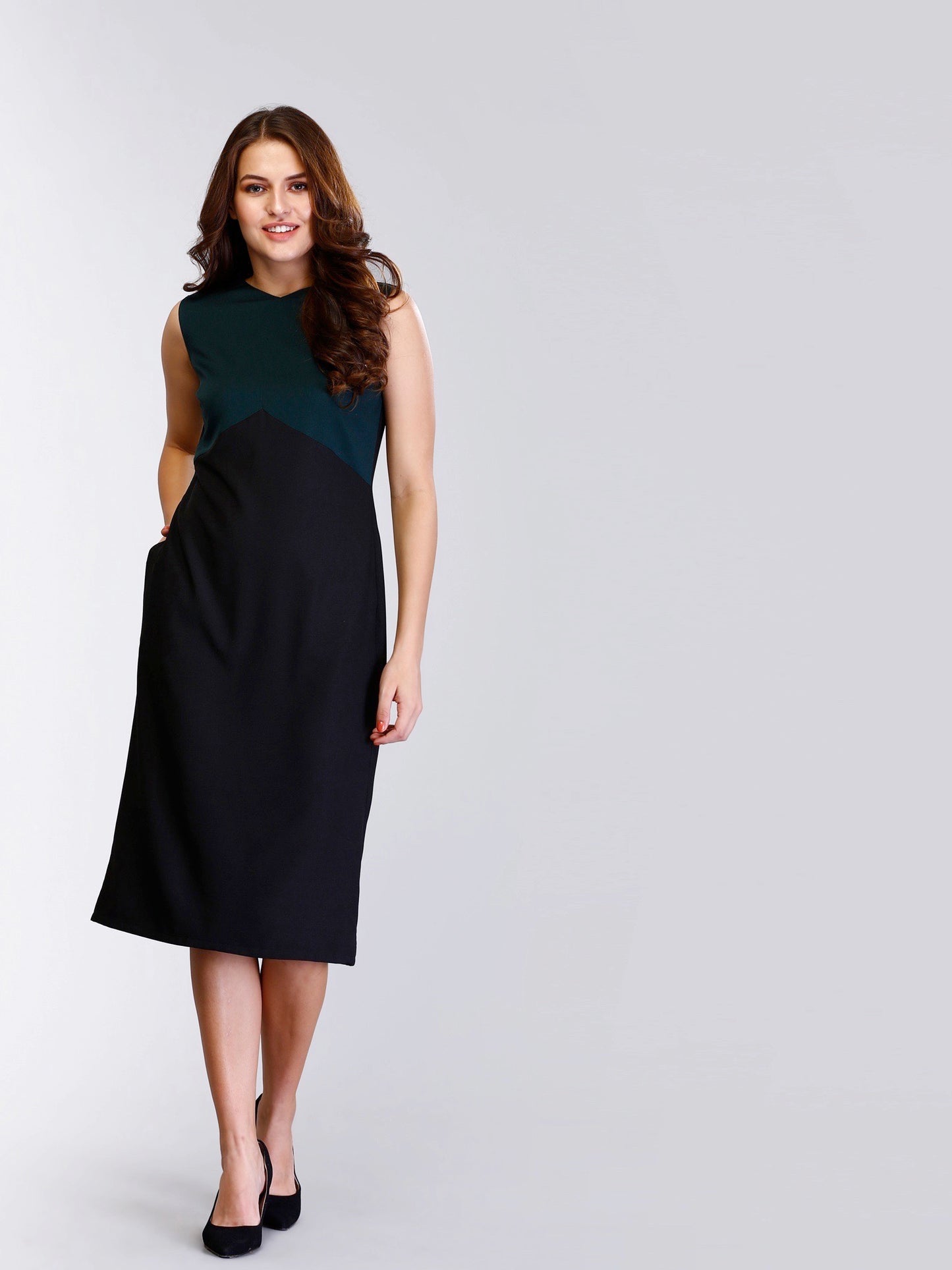 Colour Block V Neck Shift Dress - Green and Black| Formal Dresses