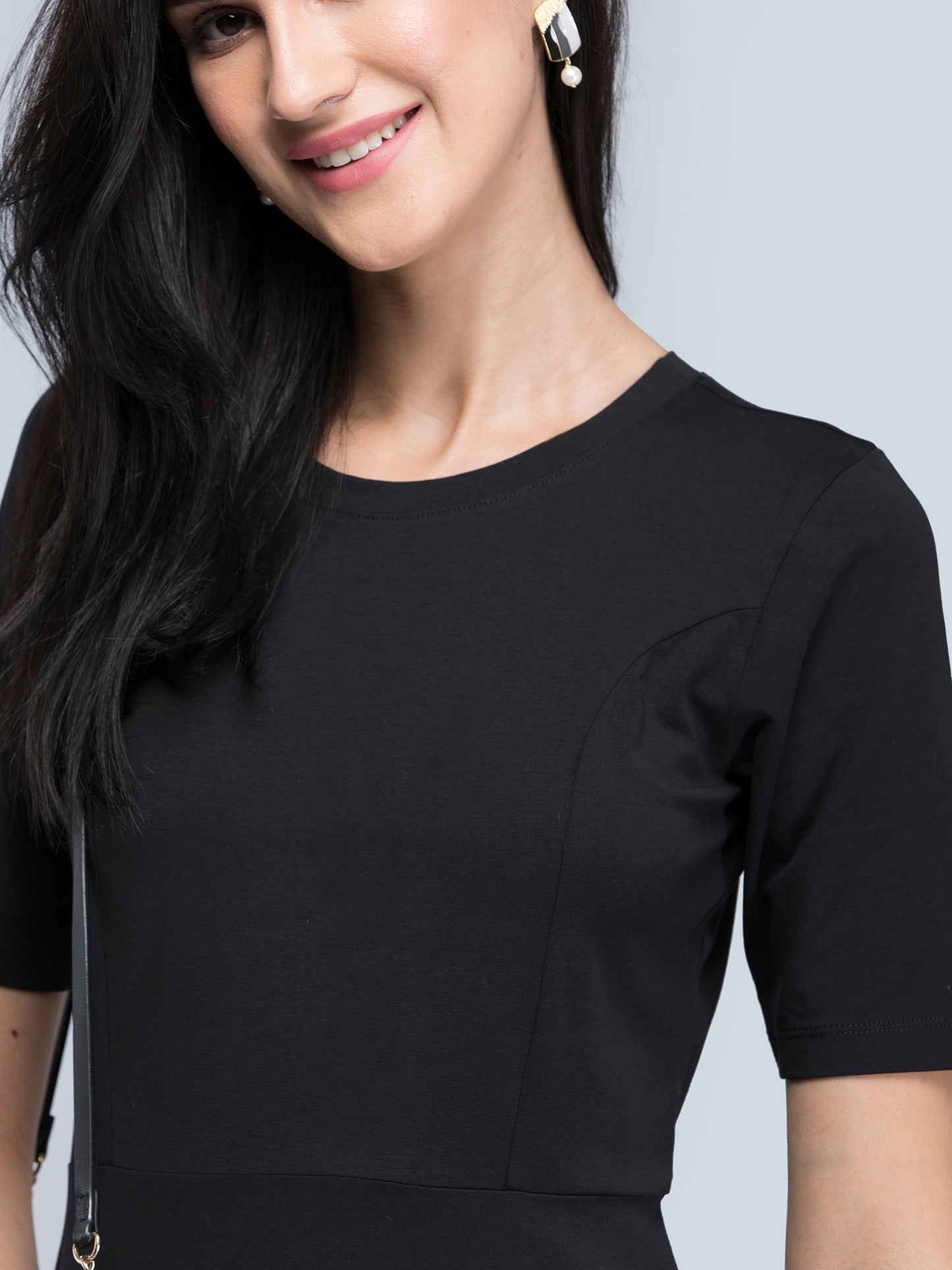 Cotton Round Neck Knitted Fit And Flare Dress - Black| Formal Dresses