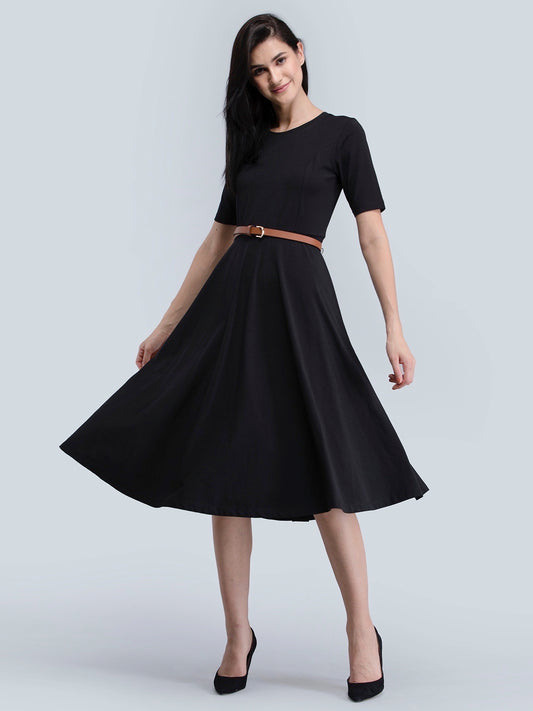 Cotton Round Neck Knitted Fit And Flare Dress - Black| Formal Dresses