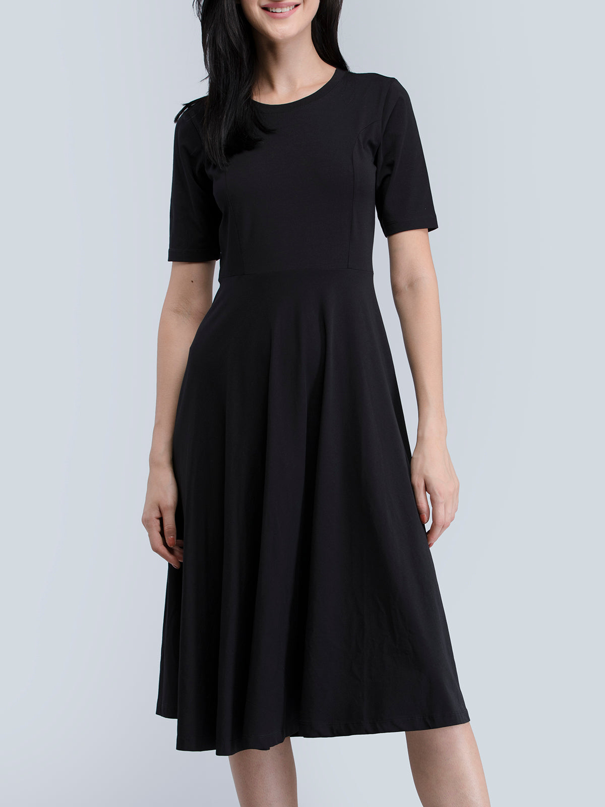 Cotton Round Neck Knitted Fit And Flare Dress - Black| Formal Dresses