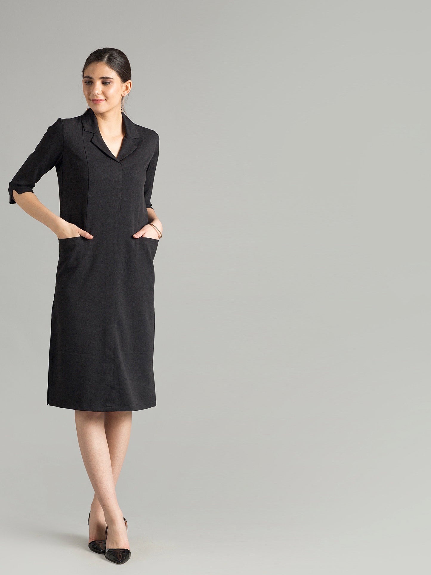 Front Pocket Lapel Dress - Black| Formal Dresses