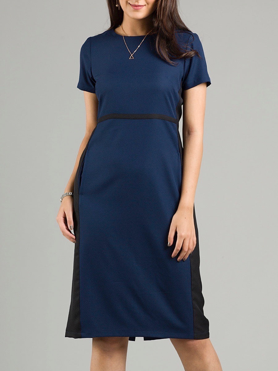 Side Colour Block Panel Shift Dress - Navy| Formal Dresses