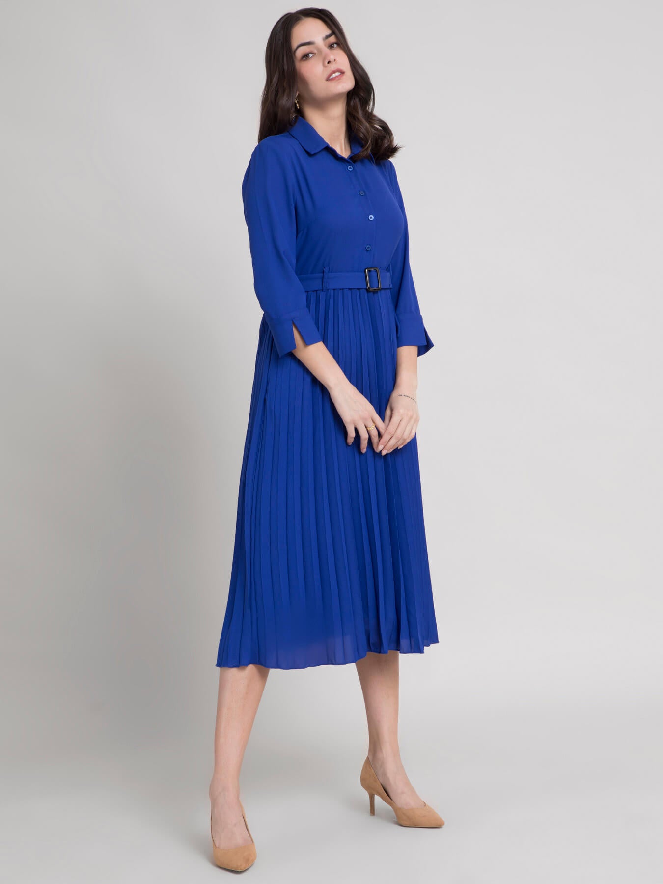 Collared Pleated Fit and Flare Dress - Royal Blue