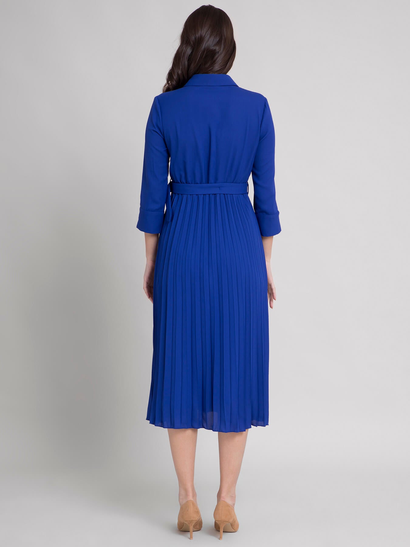 Collared Pleated Fit and Flare Dress - Royal Blue