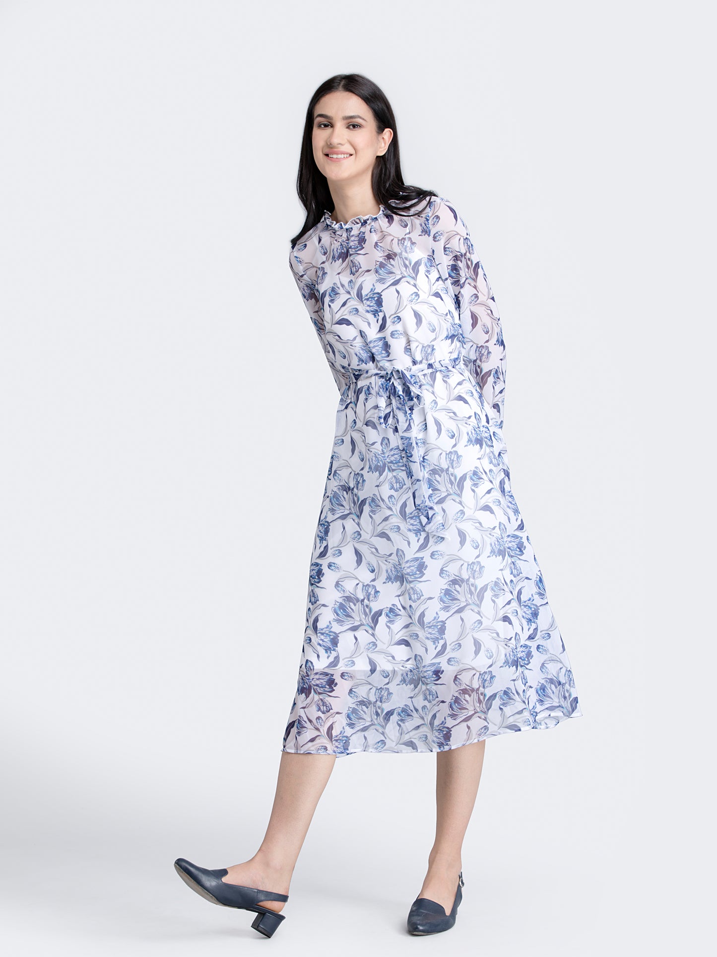 Ruffle Detail Floral Sheer Dress With Tie Up - Blue| Formal Dresses