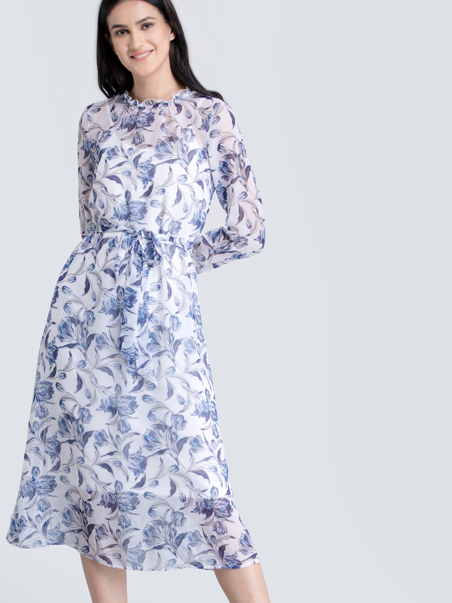 Ruffle Detail Floral Sheer Dress With Tie Up - Blue| Formal Dresses
