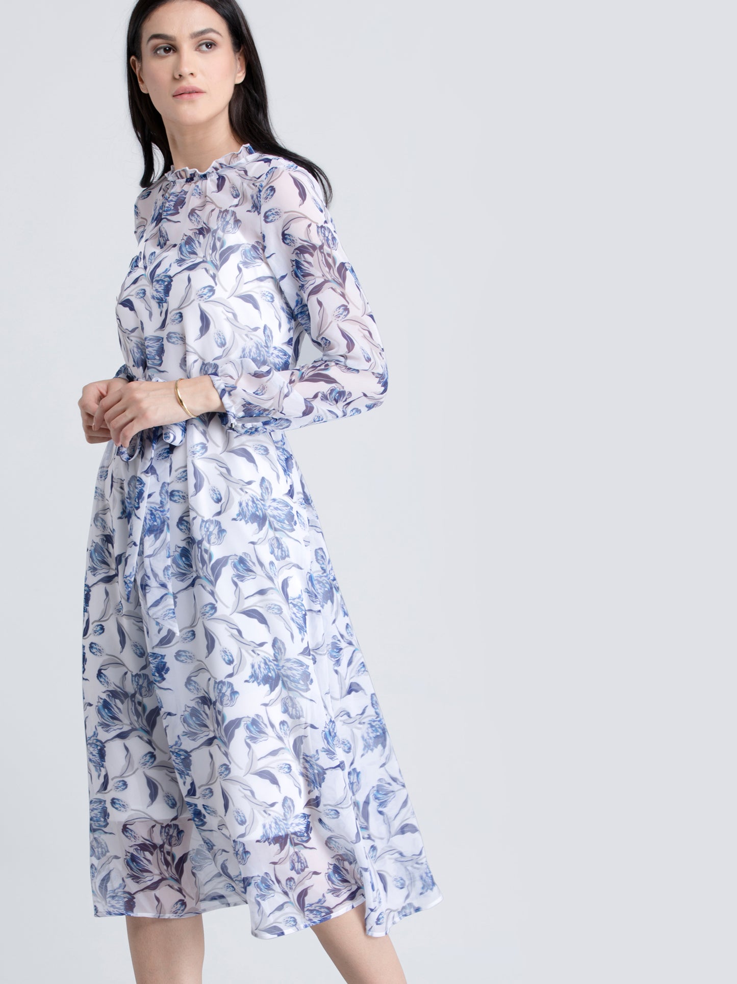 Ruffle Detail Floral Sheer Dress With Tie Up - Blue| Formal Dresses