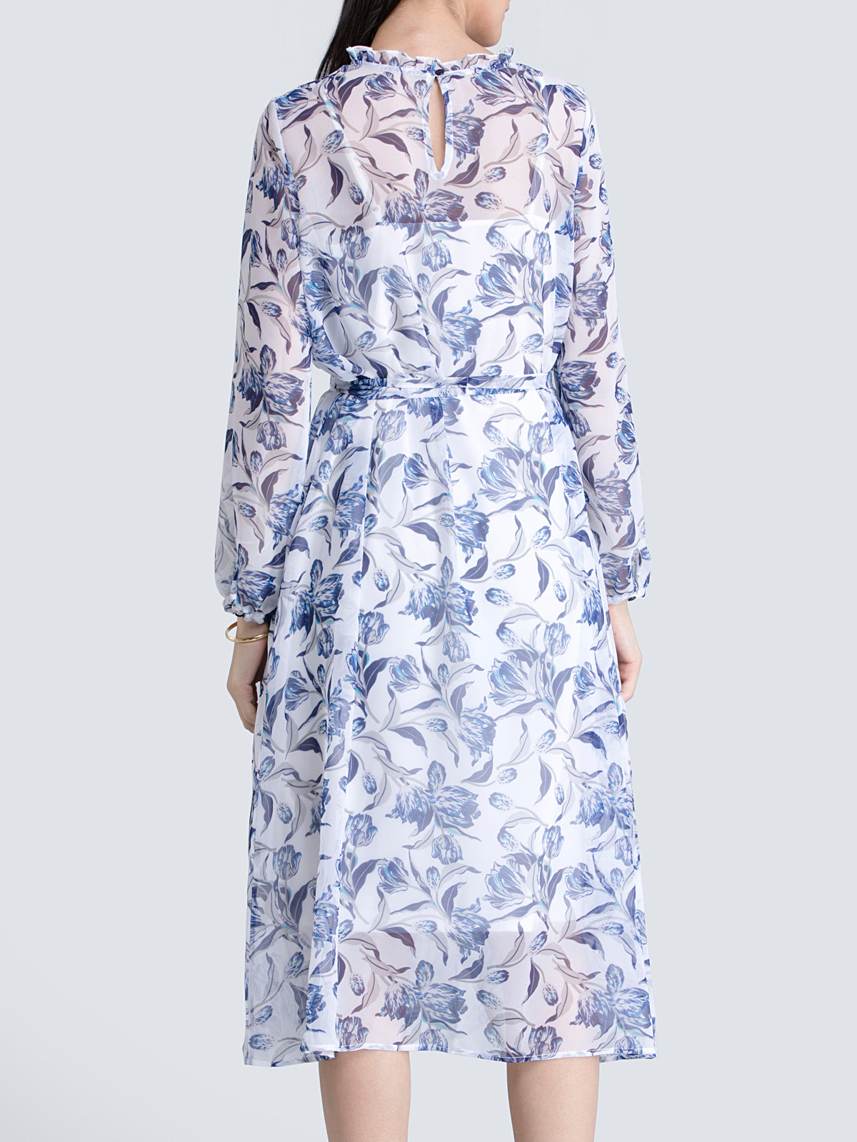 Ruffle Detail Floral Sheer Dress With Tie Up - Blue| Formal Dresses