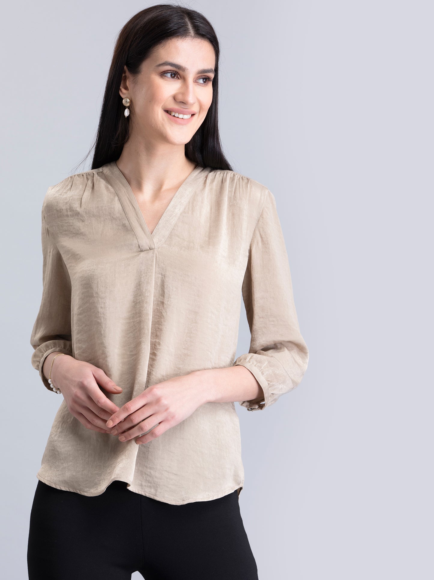 Satin V Neck Top - Beige| Formal Tops