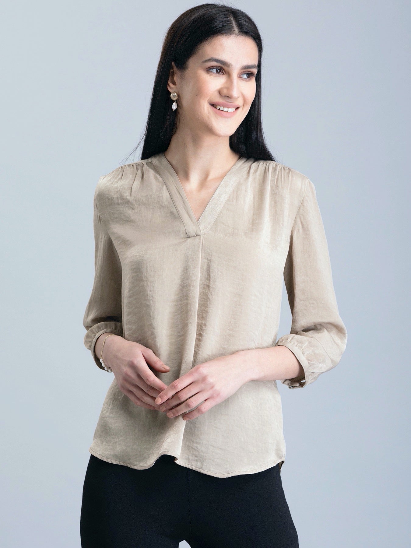 Satin V Neck Top - Beige| Formal Tops