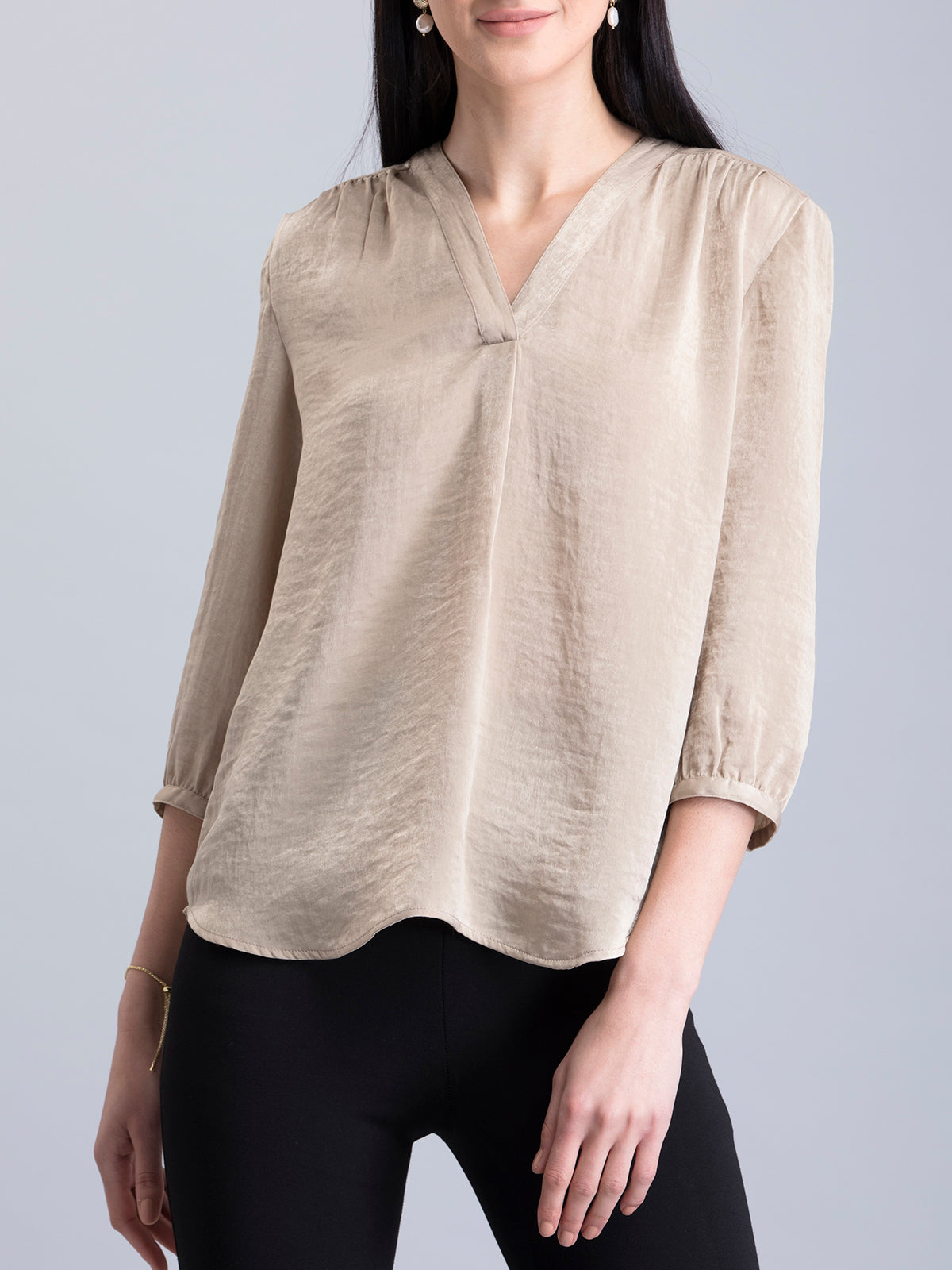 Satin V Neck Top - Beige| Formal Tops