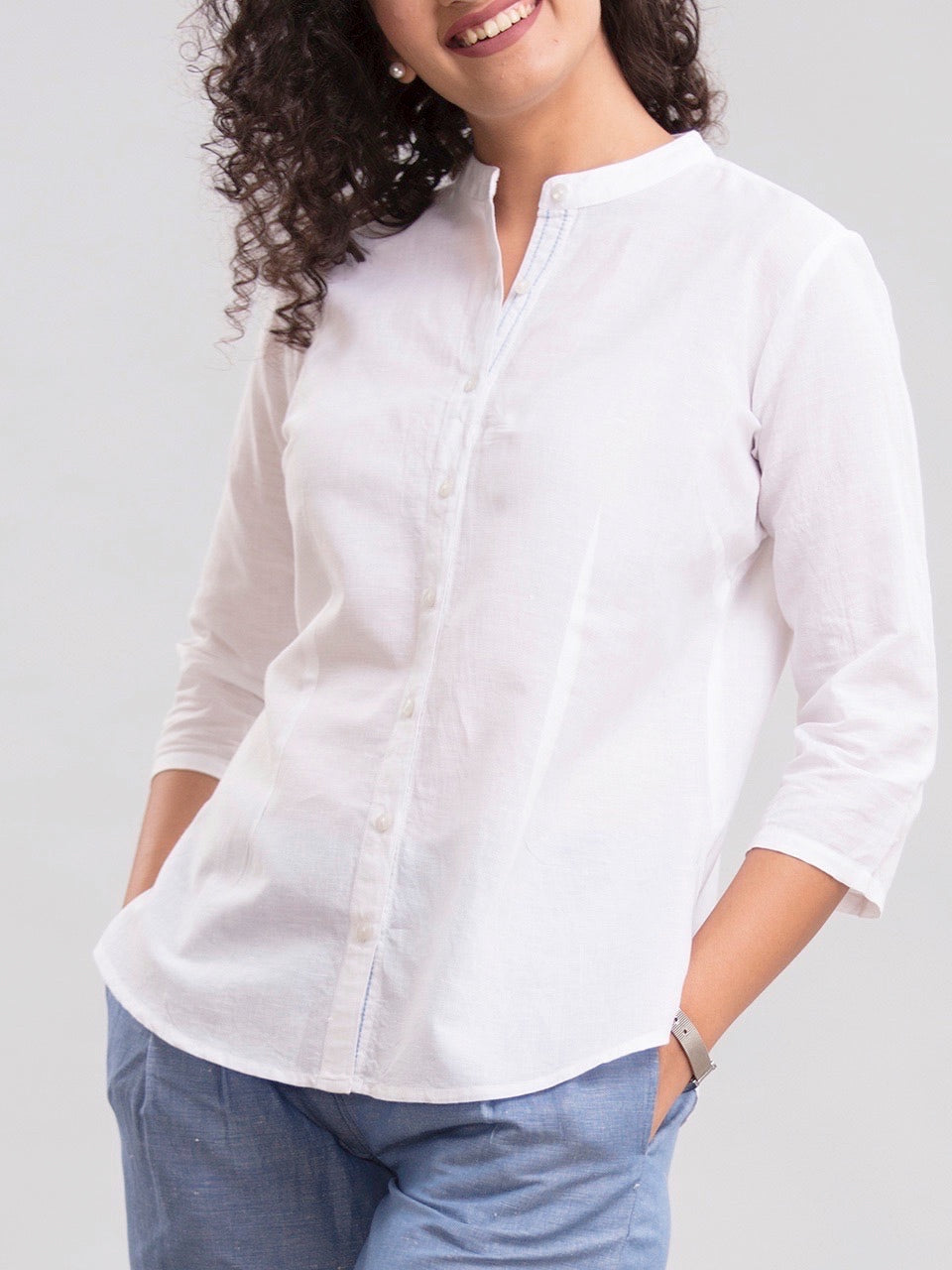 Mandarin Collared Linen Shirt - White| Formal Shirts