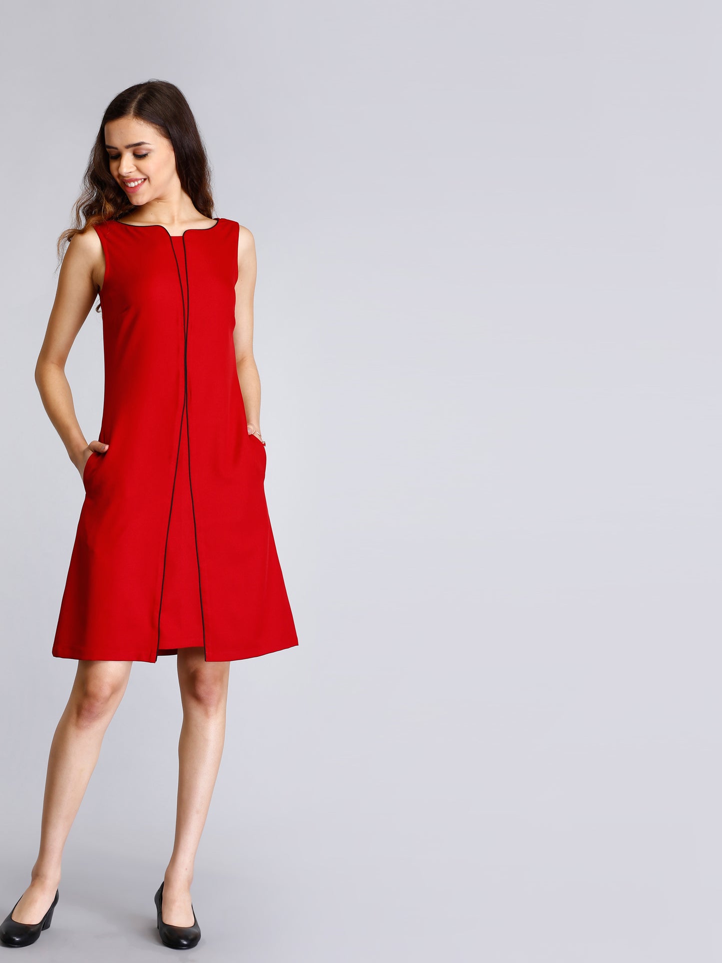 Stylised Neck Piping Detail Shift Dress - Red| Formal Dresses