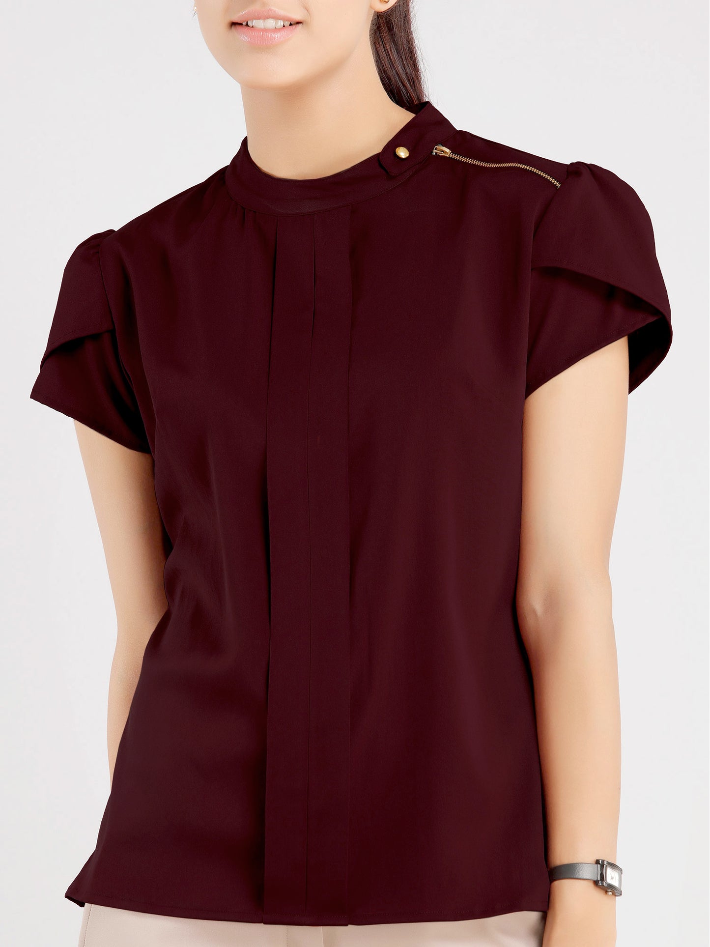 Collared Zipper Top - Maroon| Formal Tops