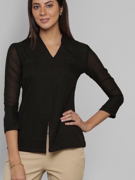 Front Slit Sheer Sleeve Top - Black| Formal Tops