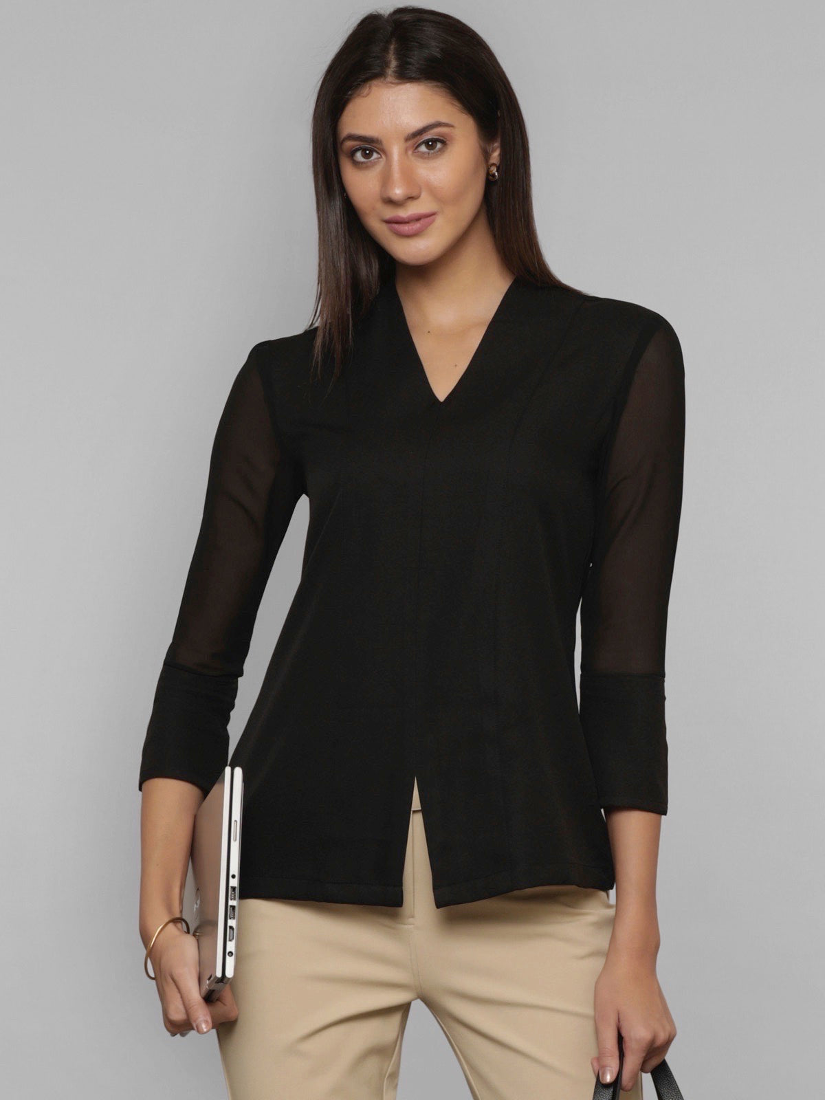 Front Slit Sheer Sleeve Top - Black| Formal Tops
