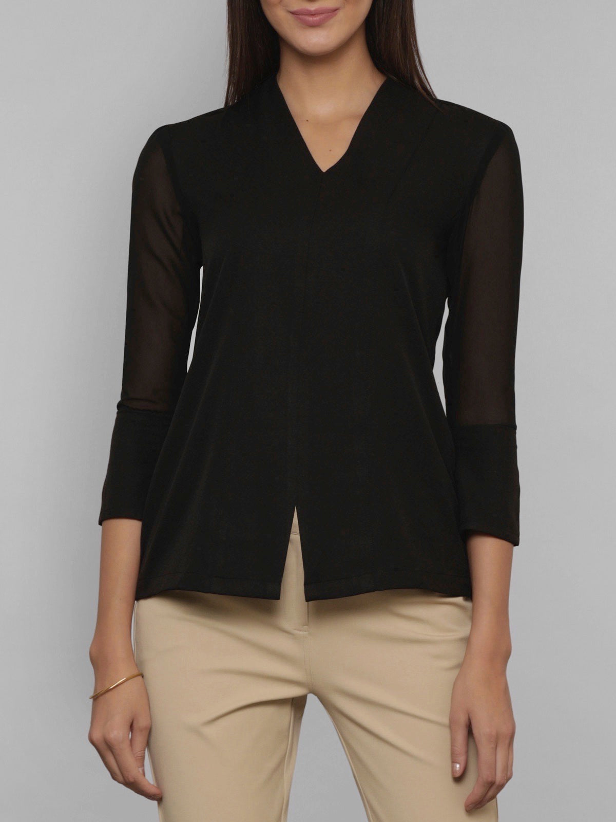 Front Slit Sheer Sleeve Top - Black| Formal Tops