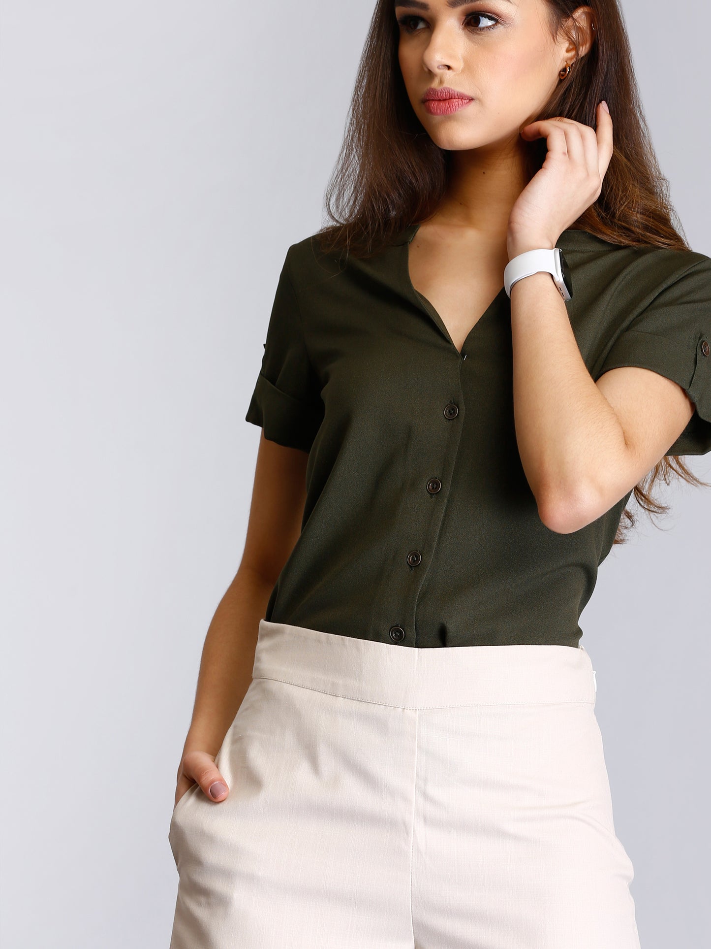 V Neck Folded Sleeve Top - Olive
