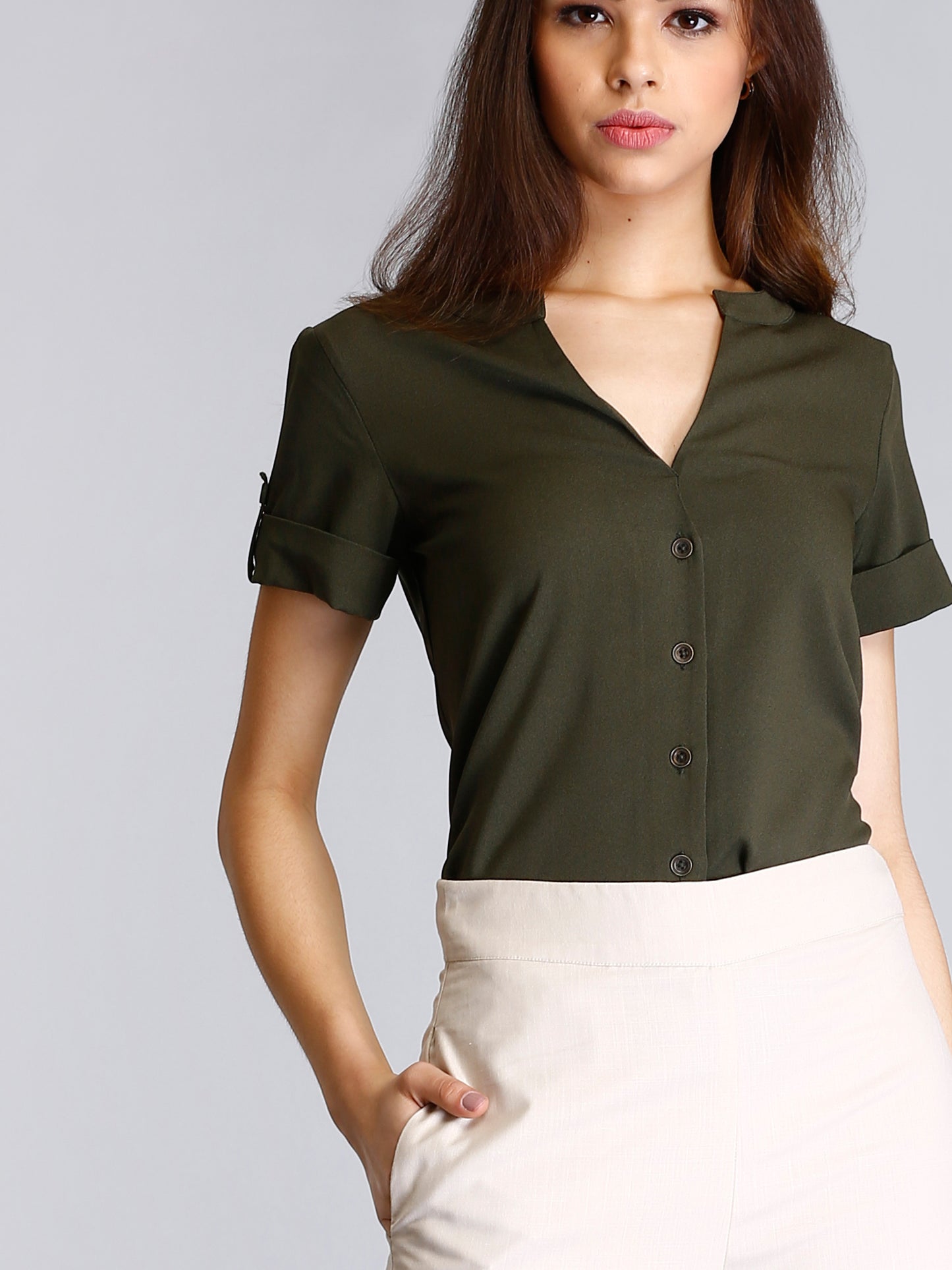 V Neck Folded Sleeve Top - Olive