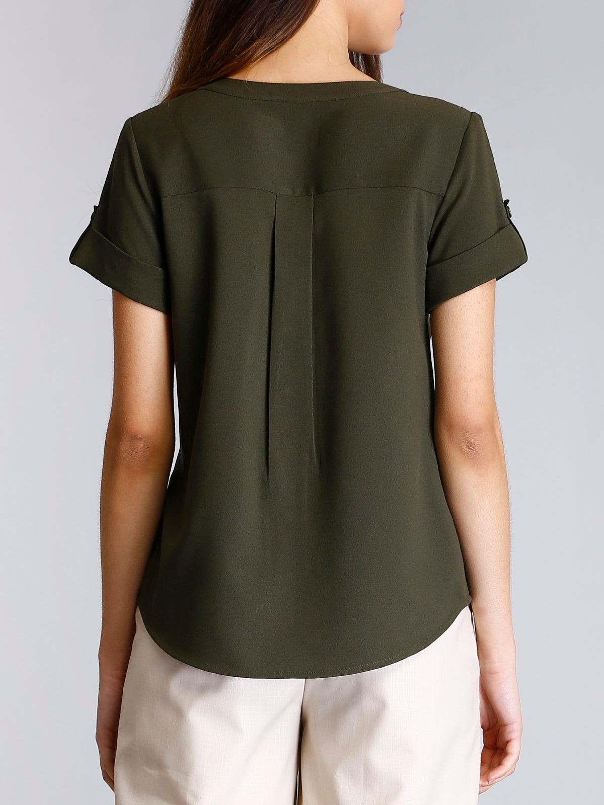 V Neck Folded Sleeve Top - Olive