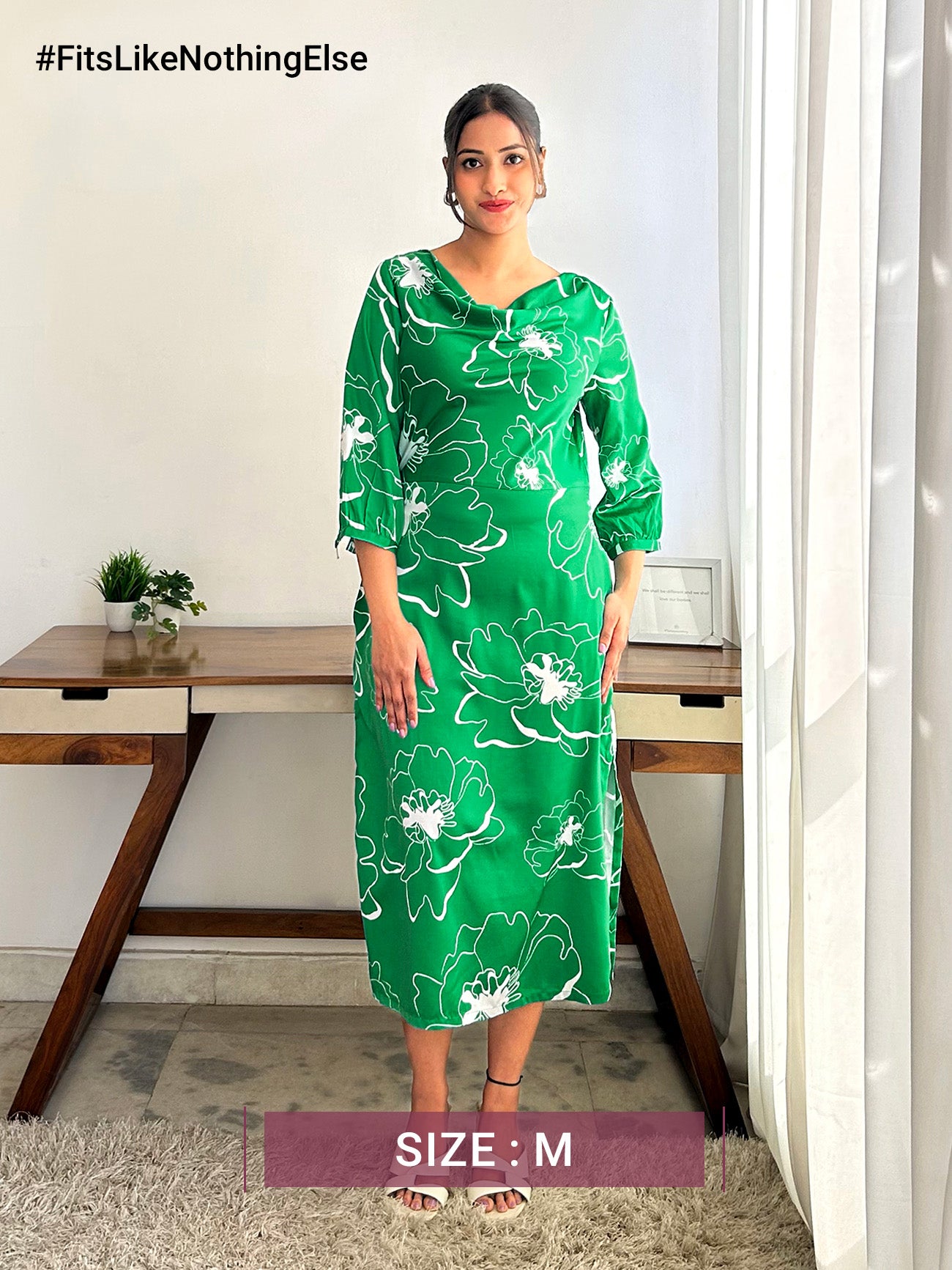 Satin Cowl Neck Dress - Green And White