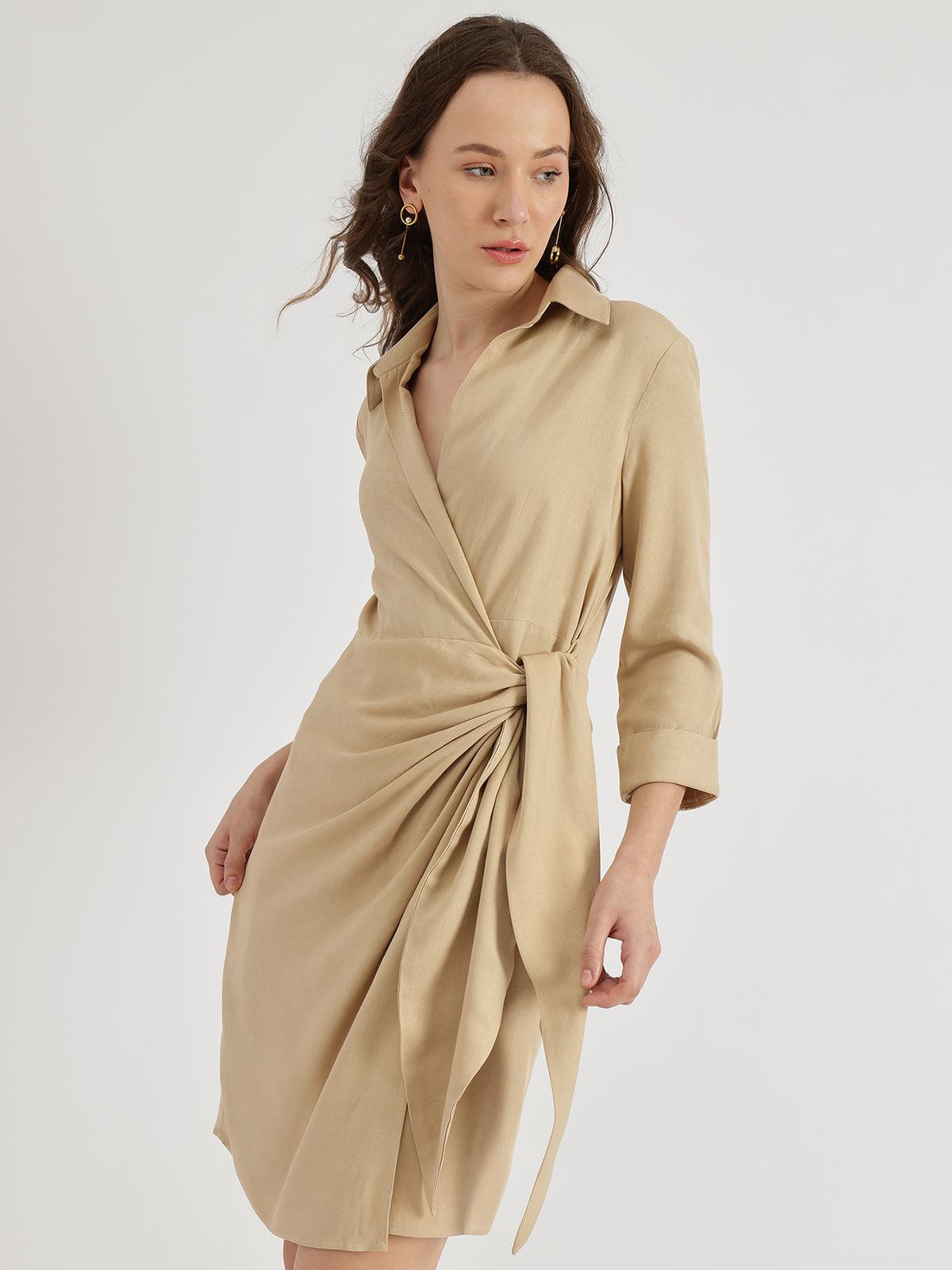 Shirt Collar Wrap Dress - Beige