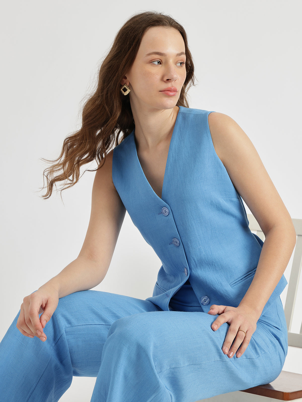 Linen Waistcoat & Trouser Co-ord Set - Pacific Blue