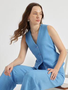 Linen Waistcoat & Trouser Co-ord Set - Pacific Blue