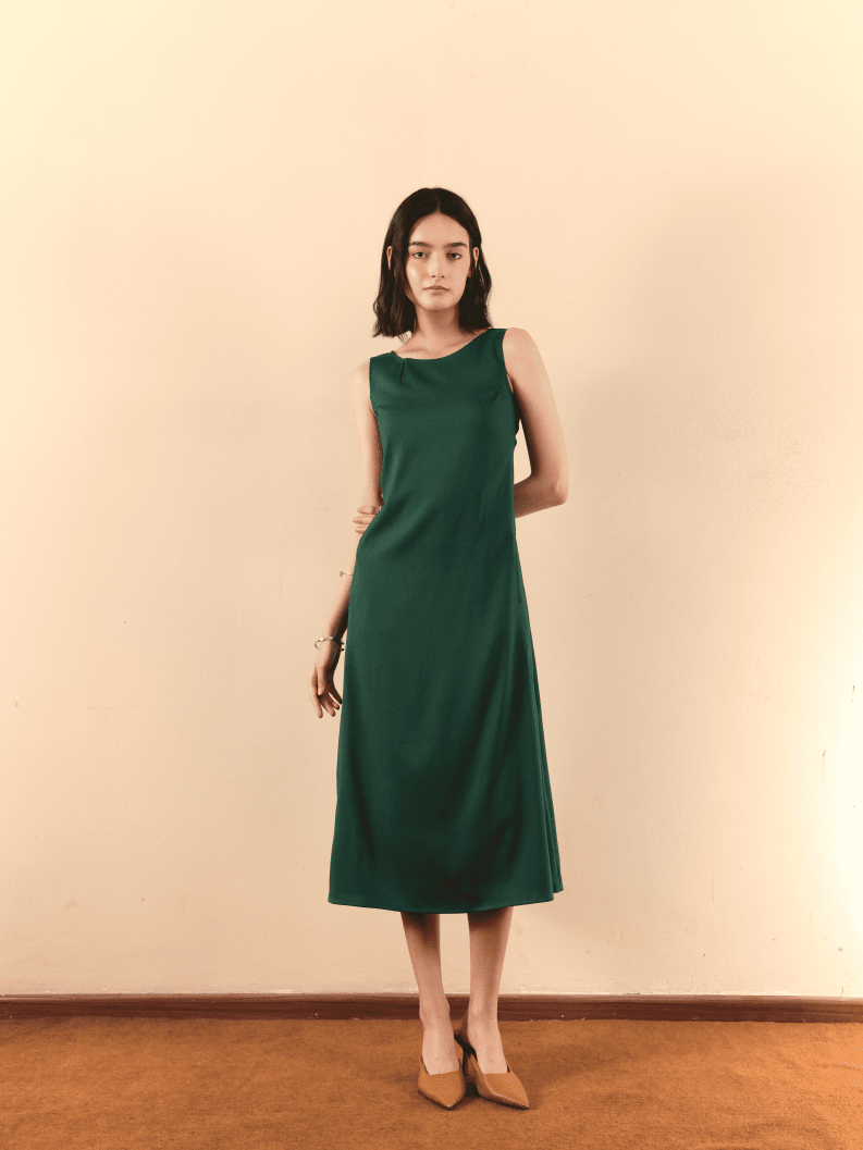 Boat Neck Side Keyhole A-Line Midi Dress -Dark Green