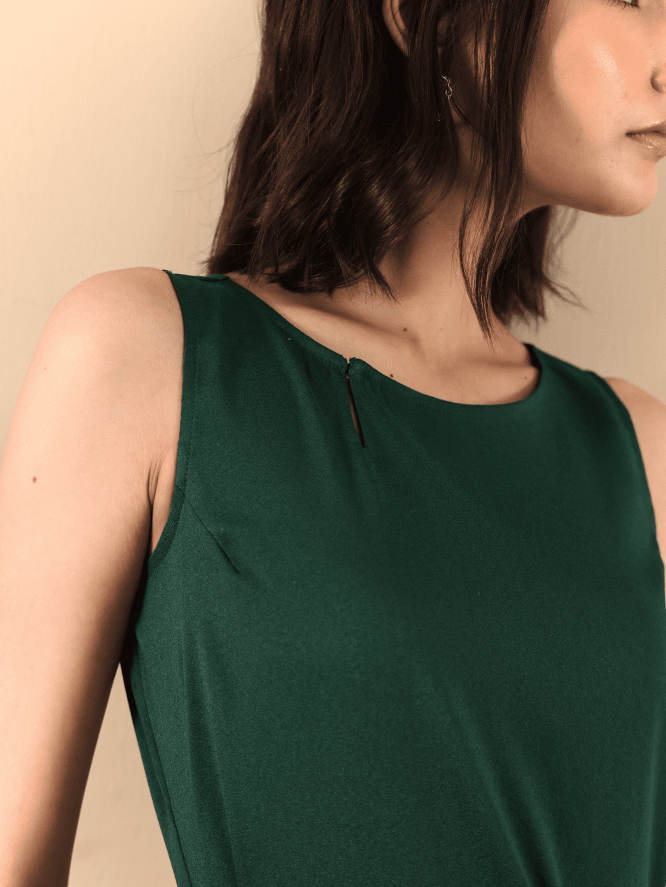 Boat Neck Side Keyhole A-Line Midi Dress -Dark Green
