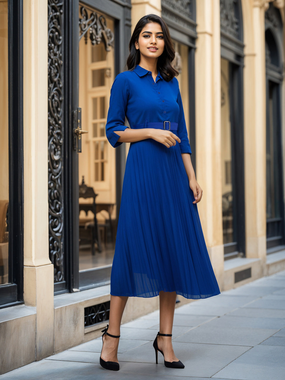 Collared Pleated Fit and Flare Dress - Royal Blue