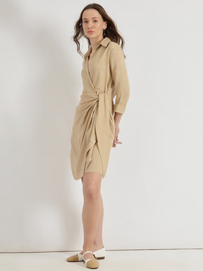 Shirt Collar Wrap Dress - Beige