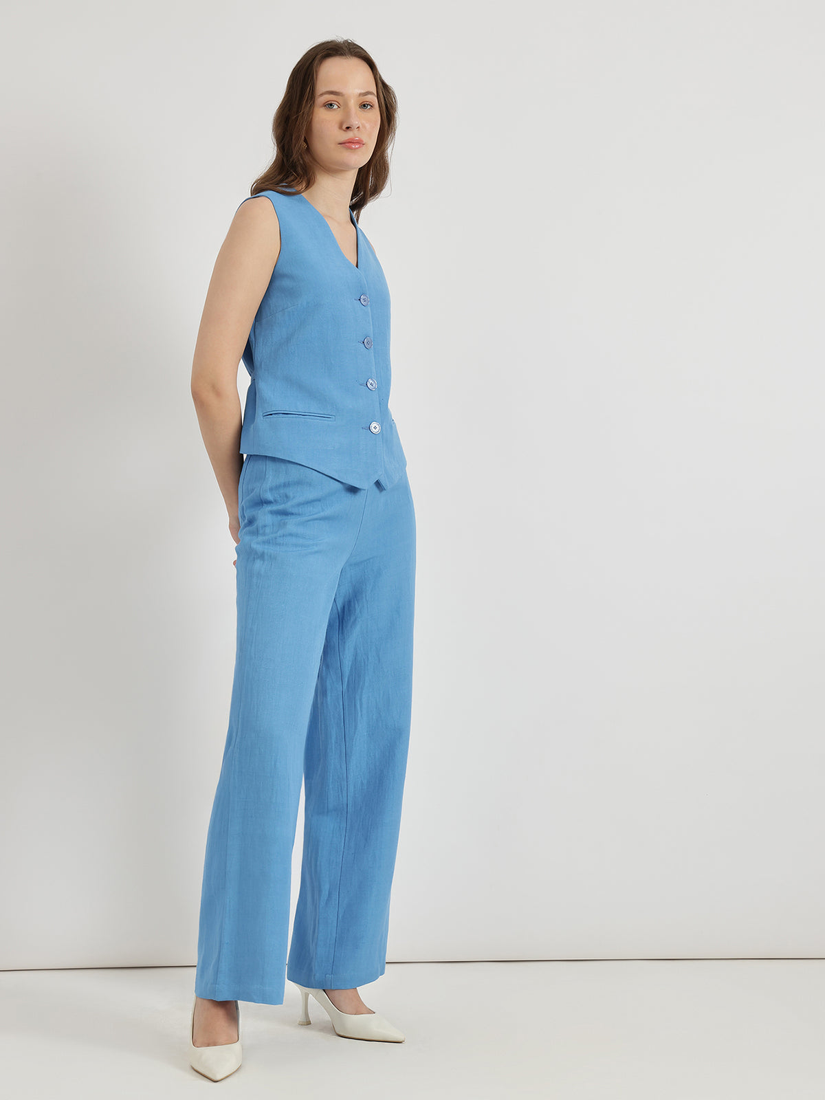 Linen Waistcoat & Trouser Co-ord Set - Pacific Blue