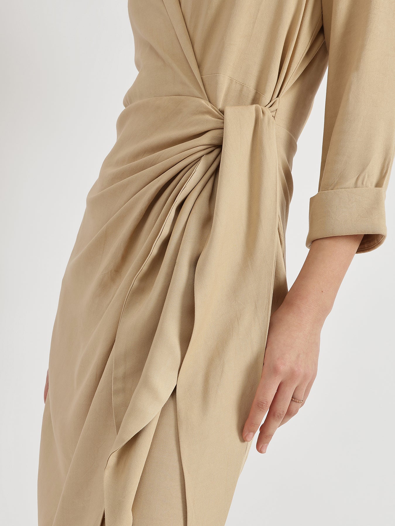 Shirt Collar Wrap Dress - Beige