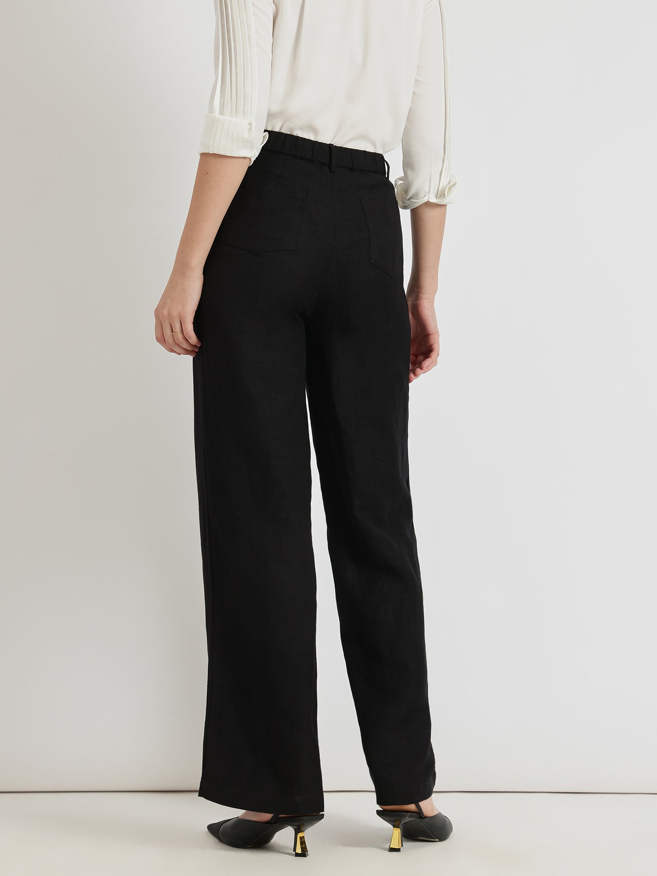 Linen Mid Rise Wide Leg Trousers - Black