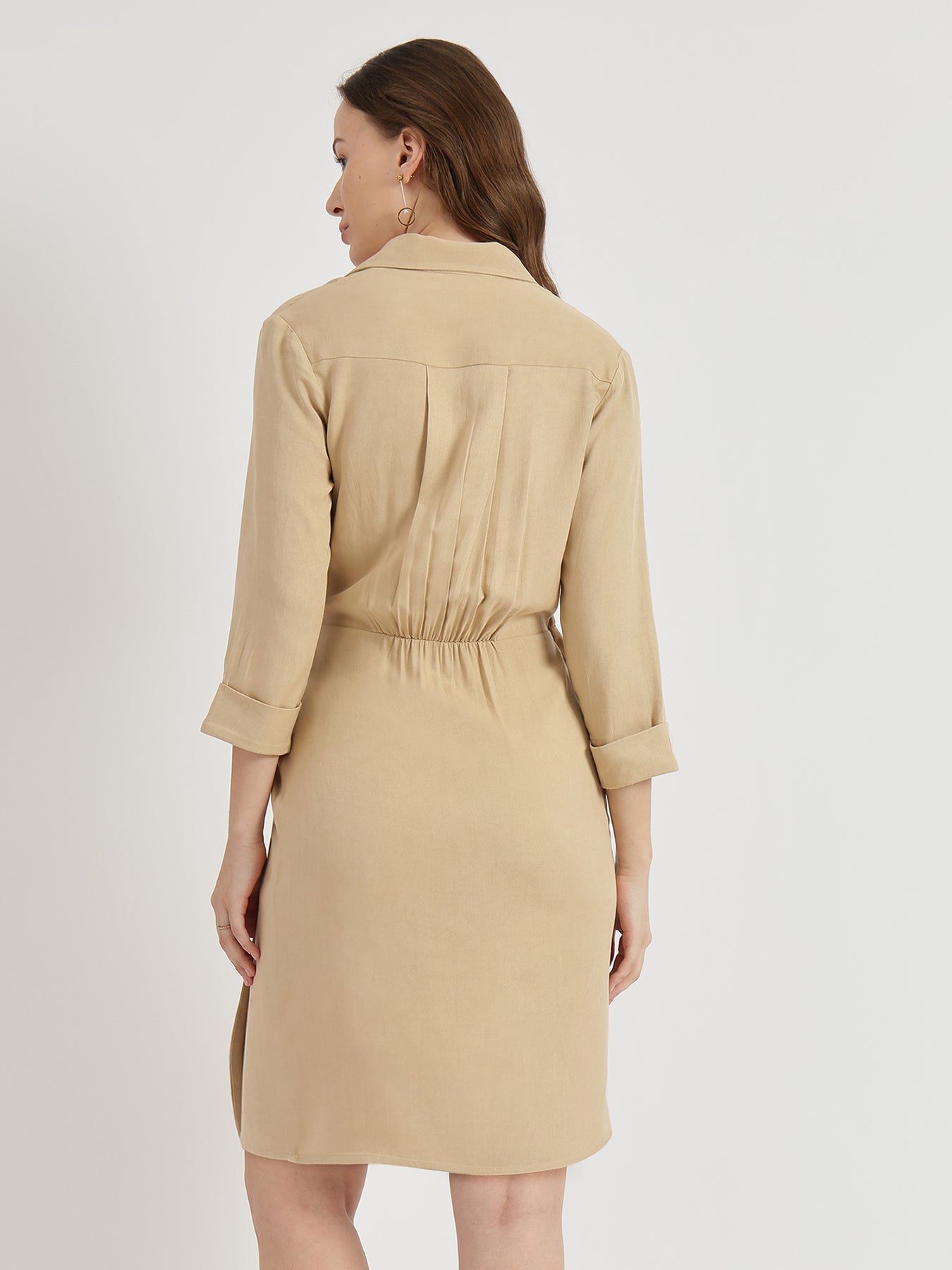 Shirt Collar Wrap Dress - Beige