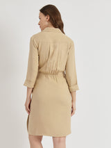 Shirt Collar Wrap Dress - Beige