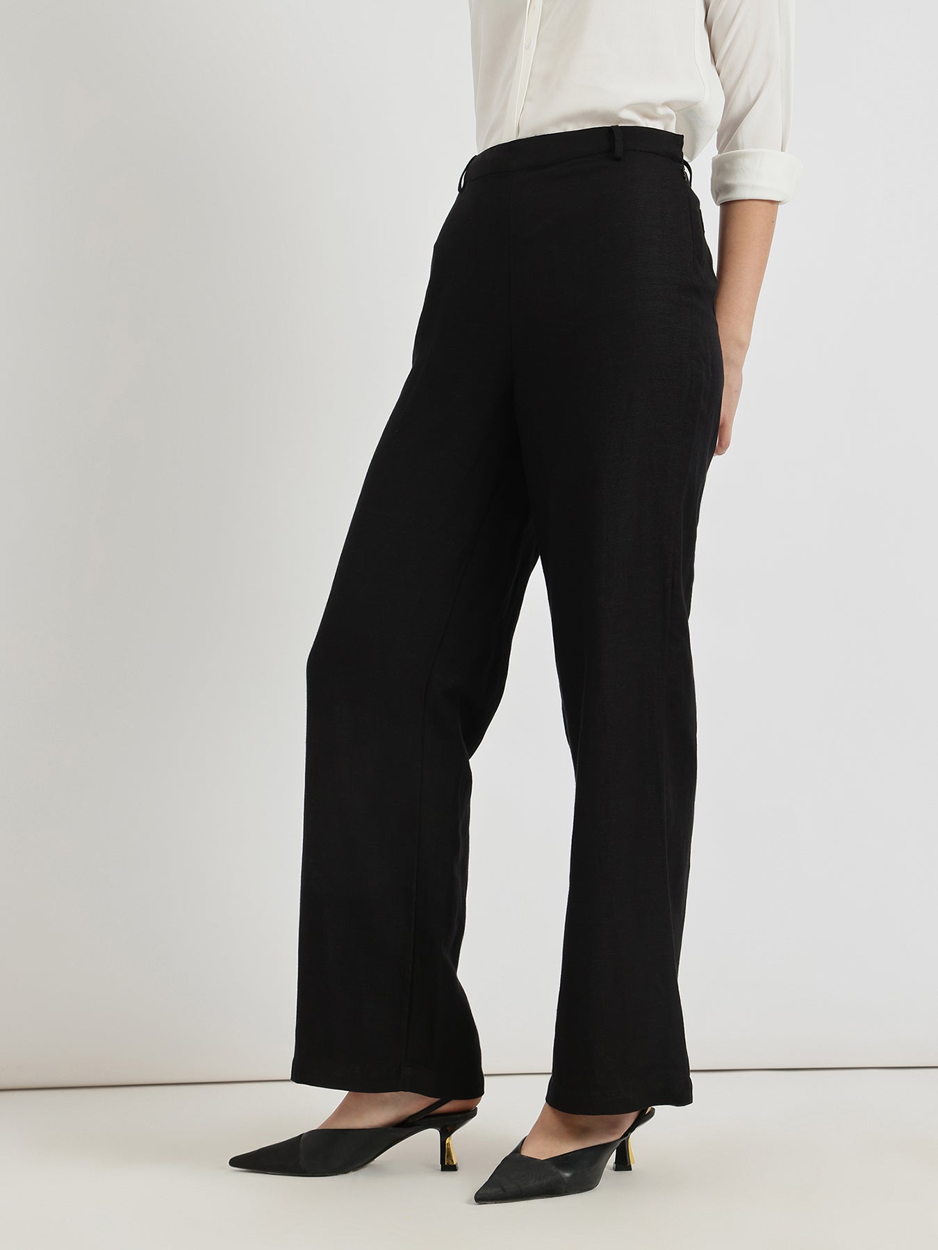Linen Mid Rise Wide Leg Trousers - Black